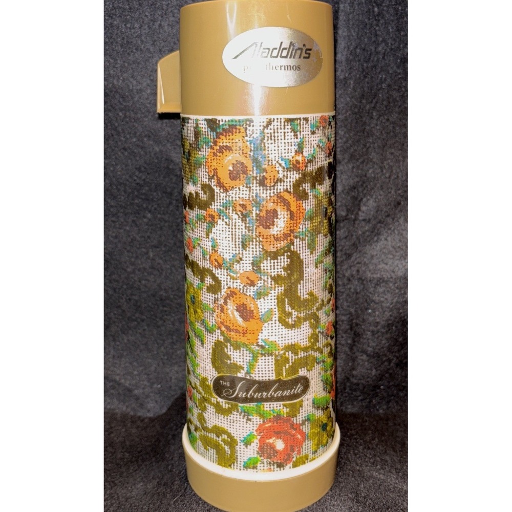Vintage Aladdin Thermos The Suburbanite Pint Retro Brown Needlepoint Made In USA